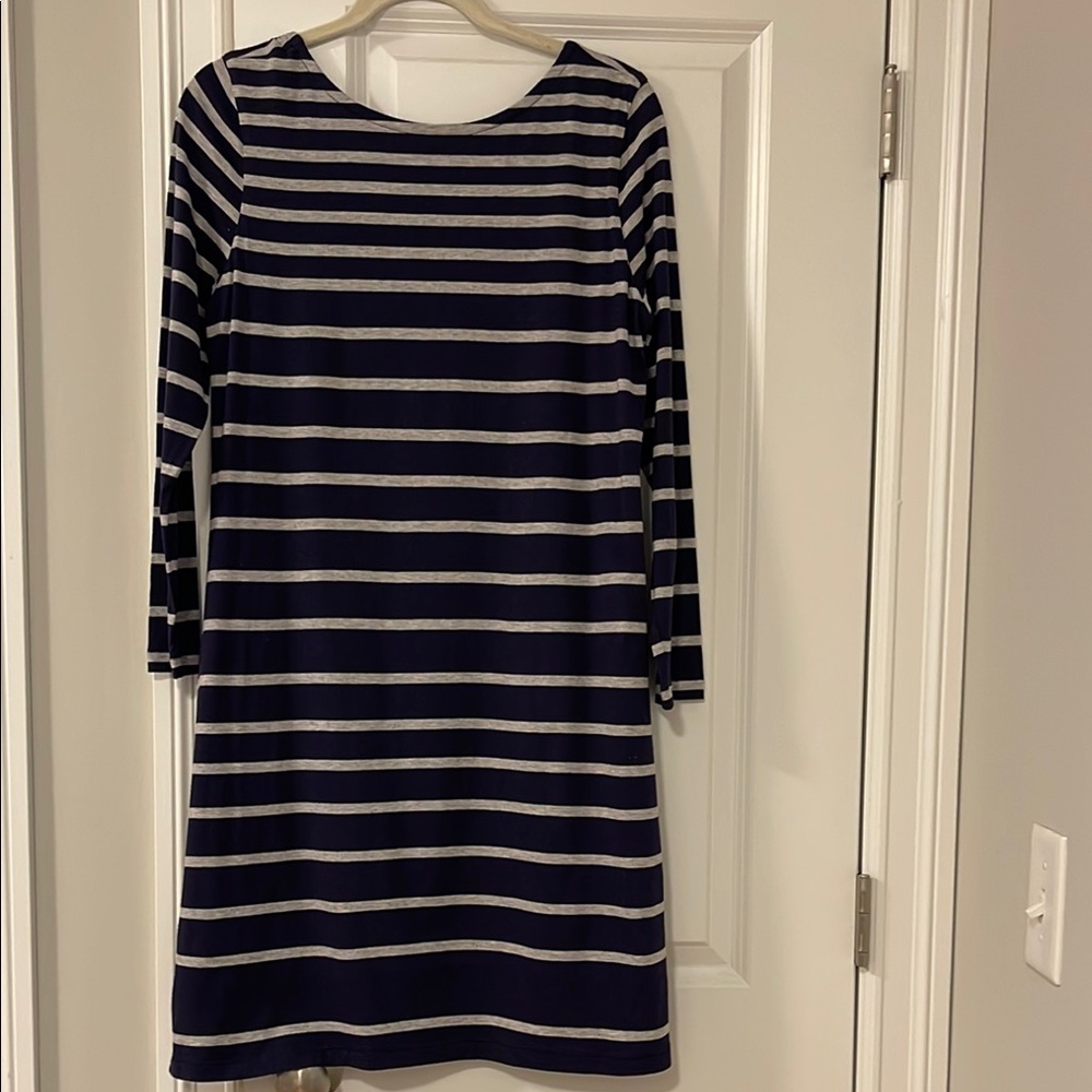Soft Surroundings Petite Blue and Grey Long Sleeve Striped Lined Dress